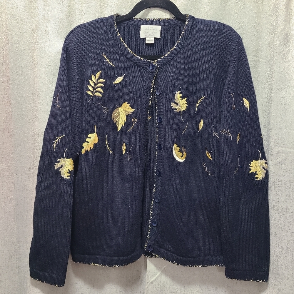 Christopher & Banks Blue Cardigan‎ Hand Embroidered Leaf Design M RAMIE COTTON